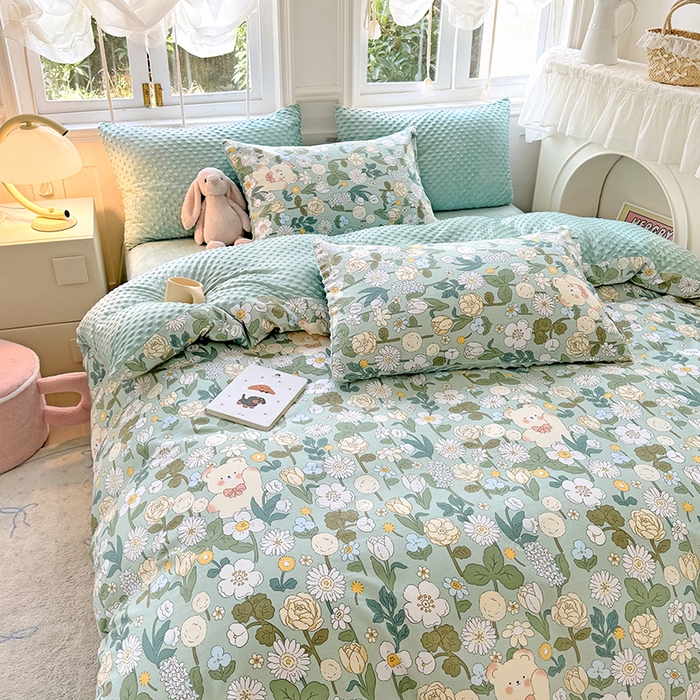 91家纺网 家纺一手货源 找家纺 优迈2024新秋冬加厚保暖全棉+豆豆绒四件套婴儿绒牛奶绒豆豆单被套单人双人加大号棉加绒三件套四件套 春意盎然