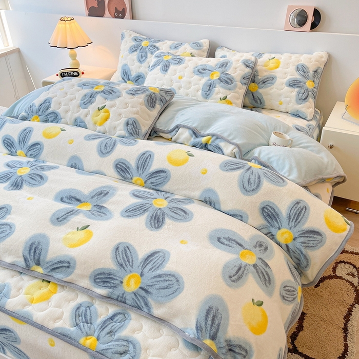 91家纺网 家纺一手货源 找家纺 2024秋冬A类牛奶绒加厚夹棉床笠+牛奶绒被套四件套向阳花