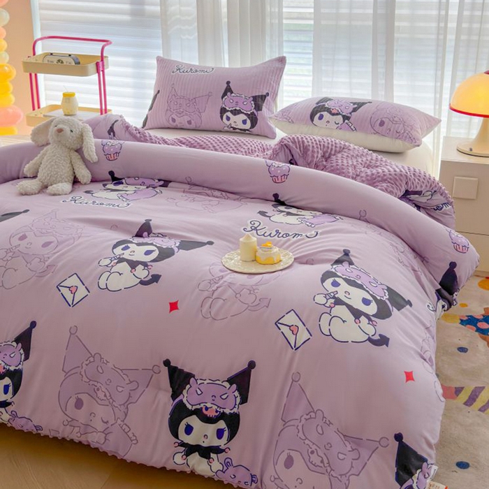 91家纺网 家纺一手货源 找家纺 梵克保罗 2024新款水洗棉豆豆被床盖四件套 紫色库洛米