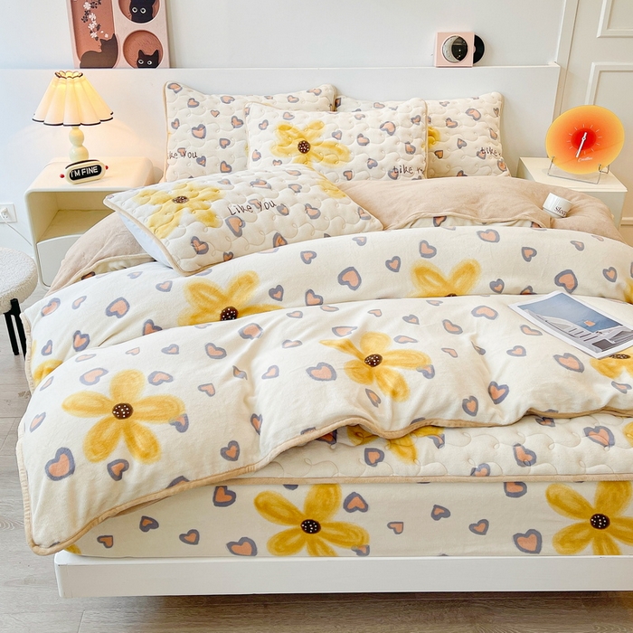 91家纺网 家纺一手货源 找家纺 2024秋冬A类牛奶绒加厚夹棉床笠+牛奶绒被套四件套寐色