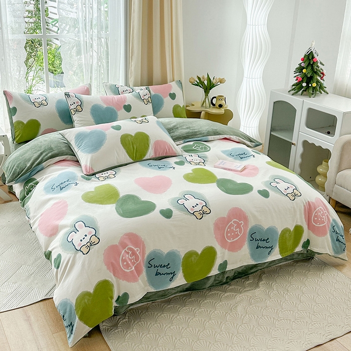 91家纺网 家纺一手货源 找家纺 金鑫汇家纺 2024年新款棉加绒印花四件套保暖牛奶绒法莱绒水晶绒 棉加绒-心心念念