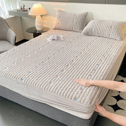 2024新款A类纯色牛奶绒刺绣薄款床垫加厚绒保暖床笠床护垫 艾维-浅灰（床笠款）