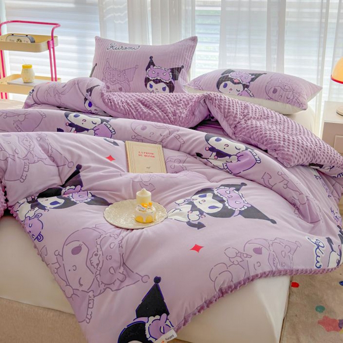 91家纺网 家纺一手货源 找家纺 梵克保罗 2024新款水洗棉豆豆被床盖四件套 紫色库洛米