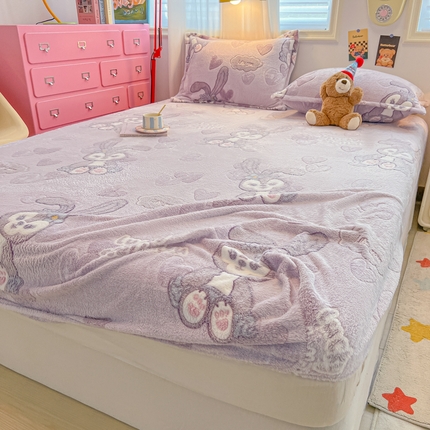 韩巢家纺 2024新款加厚雪花绒卡通印花保暖床笠三件套 幸运兔