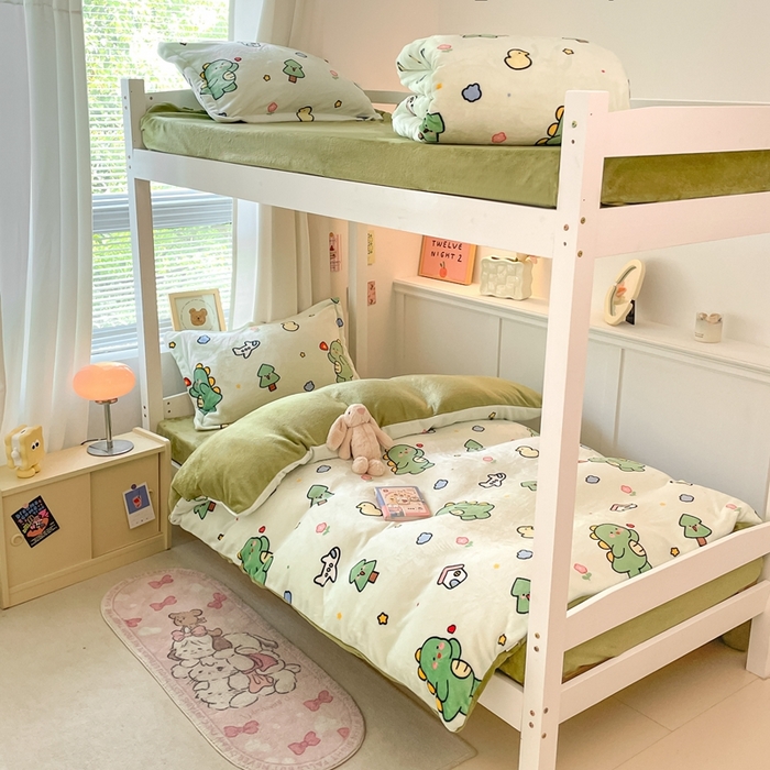 91家纺网 家纺一手货源 找家纺 寻米 2024新款加厚保暖牛奶绒学生三件套 恐龙森林