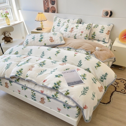 2024秋冬A类牛奶绒加厚夹棉床笠+牛奶绒被套四件套叶之语