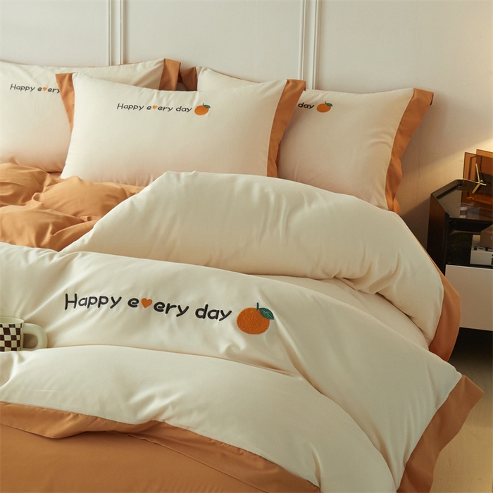 91家纺网 家纺一手货源 找家纺 （总）2025新款水洗磨毛刺绣四件套-桔子-拼角系列