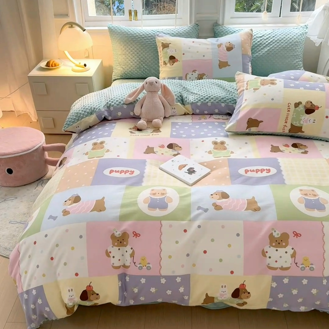 91家纺网 家纺一手货源 找家纺 优迈2024新秋冬加厚保暖全棉+豆豆绒四件套婴儿绒牛奶绒豆豆单被套单人双人加大号棉加绒三件套四件套 动物乐园