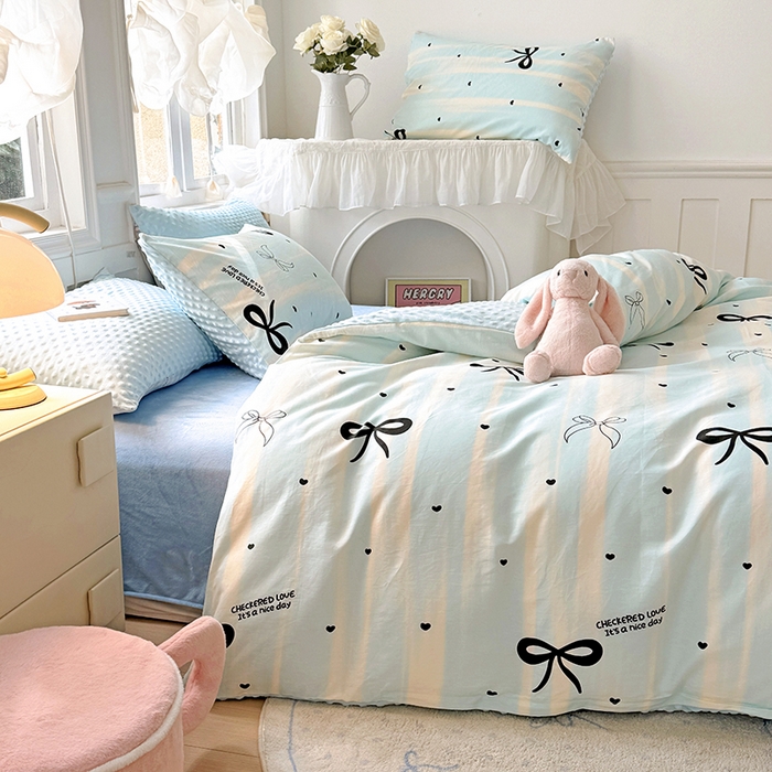 91家纺网 家纺一手货源 找家纺 优迈2024新秋冬加厚保暖全棉+豆豆绒四件套婴儿绒牛奶绒豆豆单被套单人双人加大号棉加绒三件套四件套 美丽蝴蝶结