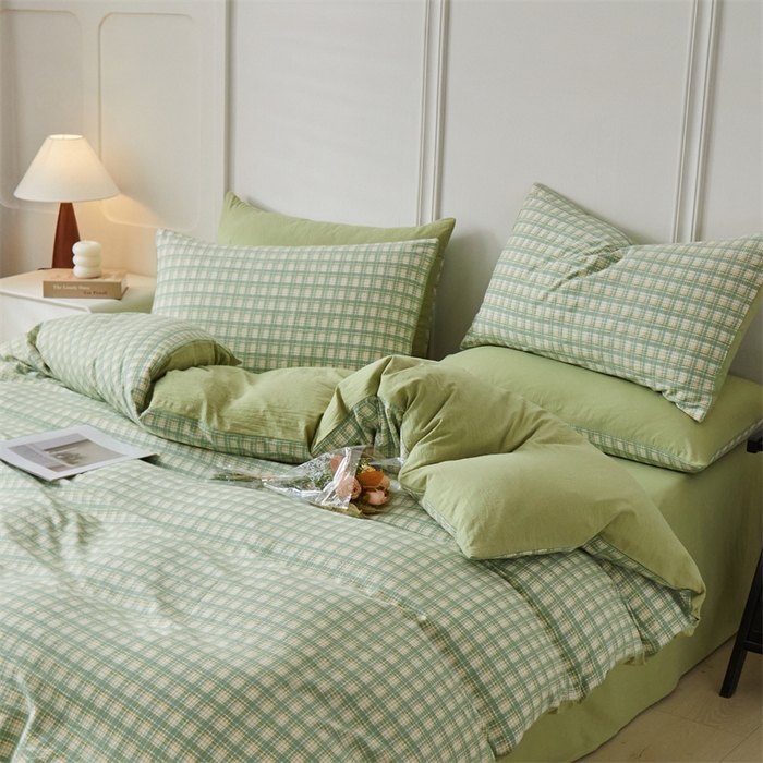 91家纺网 家纺一手货源 找家纺 盛秋家纺 2025新款格子单被套抹茶+果绿