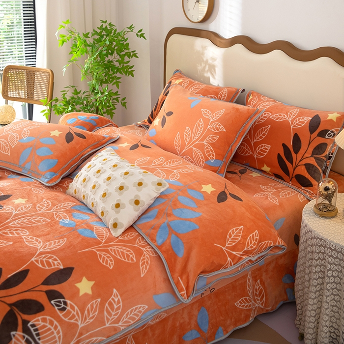 91家纺网 家纺一手货源 找家纺 雨萝家纺 2024新款亲肤舒适牛奶绒四件套 叶幕-橙