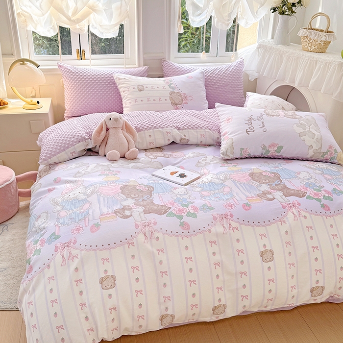 91家纺网 家纺一手货源 找家纺 优迈2024新秋冬加厚保暖全棉+豆豆绒四件套婴儿绒牛奶绒豆豆单被套单人双人加大号棉加绒三件套四件套 童话镇