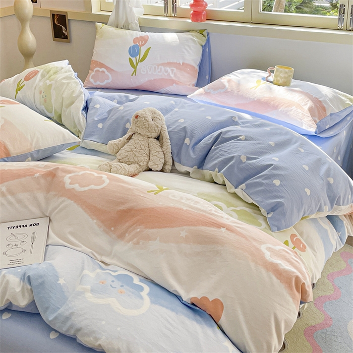 91家纺网 家纺一手货源 找家纺 盛秋家纺 2025新款卡通单被套彩虹+蓝爱心