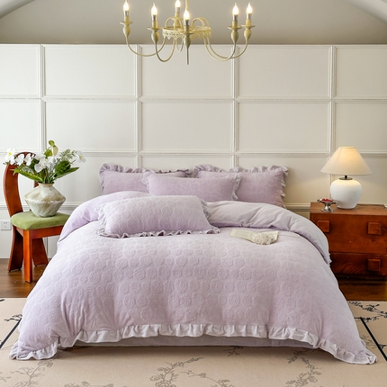 野合家纺 2024新款法式A类雕花牛奶绒韩版公主风四件套床盖款床单款床笠款 山茶花-奶昔紫