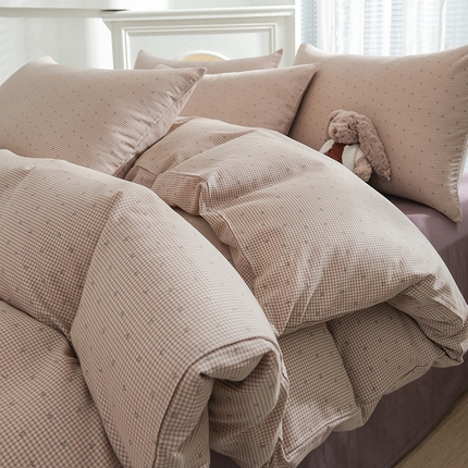 91家纺网 家纺一手货源 找家纺 麦伦家居 2024秋冬新款A类全棉有氧双层纱四件套 樱桃小格紫