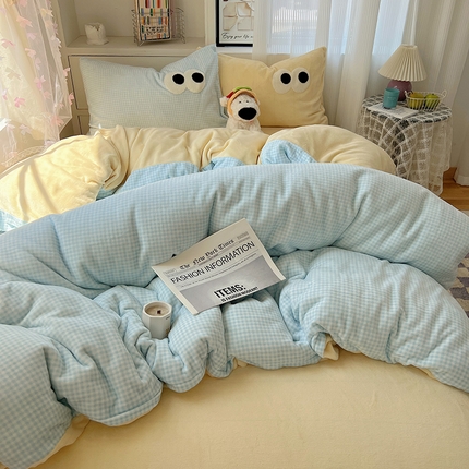 桃子家居 2024新款A类ins加厚毛巾绣大眼萌混搭撞色牛奶绒系列四件套 绒毛巾绣-大眼萌蓝格黄黄