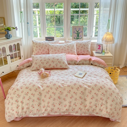 清雅福 2024新款全棉13070印花单品系列-四件套 四季飘香粉