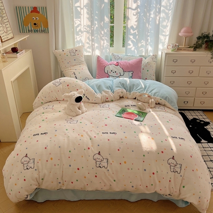 桃喜 2024新秋冬新品卡通混搭牛奶绒系列四件套 彩色波点狗狗（牛奶绒）