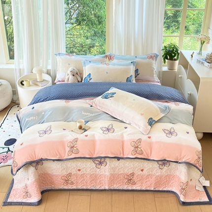 赫梵茜 2024新款高克重安抚豆豆被套牛奶绒夹棉床盖四件套 蝶恋