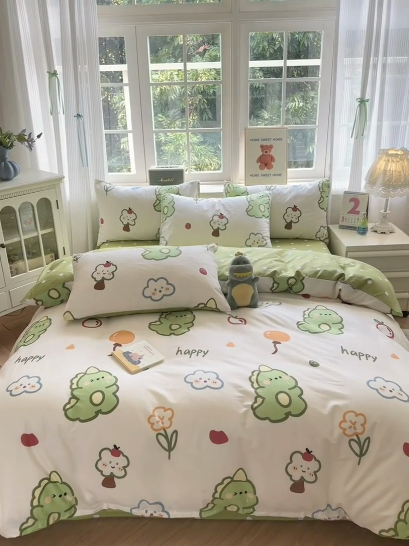 91家纺网 家纺一手货源 找家纺 清雅福 2024新款全棉13070印花单品系列-四件套 恐龙日记米