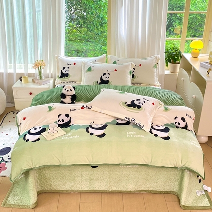 赫梵茜 2024新款高克重安抚豆豆被套牛奶绒夹棉床盖四件套 熊猫乐园