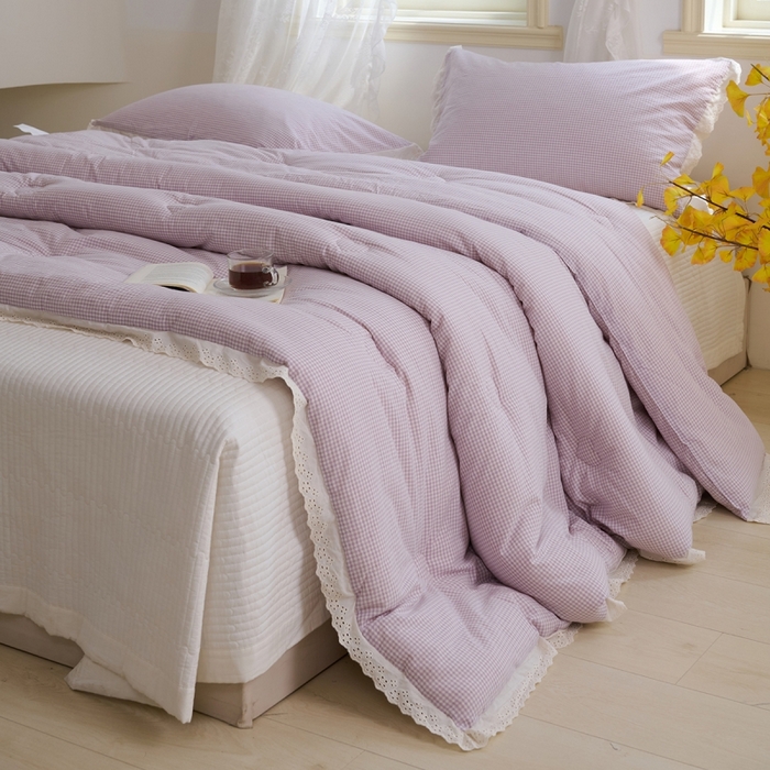 91家纺网 家纺一手货源 找家纺 久典家居 2024新款A类全棉色织水洗棉花边款大豆被 糖果紫