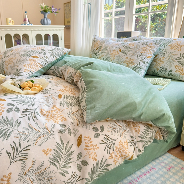 91家纺网 家纺一手货源 找家纺 清雅福 2024新款全棉13070印花单品系列-四件套 花影轻颜绿