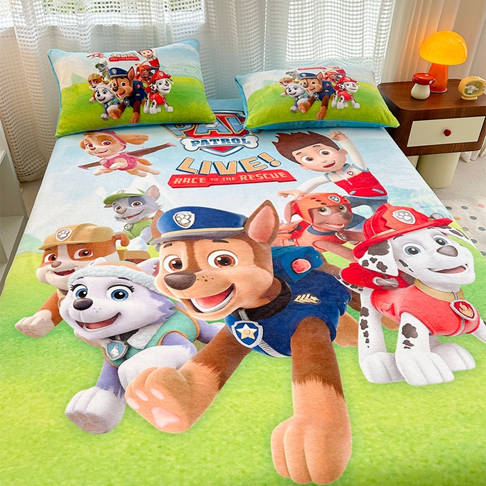 91家纺网 家纺一手货源 找家纺 ds生活馆 2026新款大版数码印花牛奶绒单床笠 汪汪队