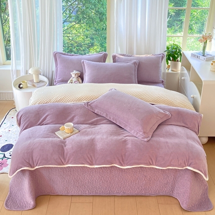 赫梵茜 2024新款高克重安抚豆豆被套牛奶绒夹棉床盖四件套 新款淡紫