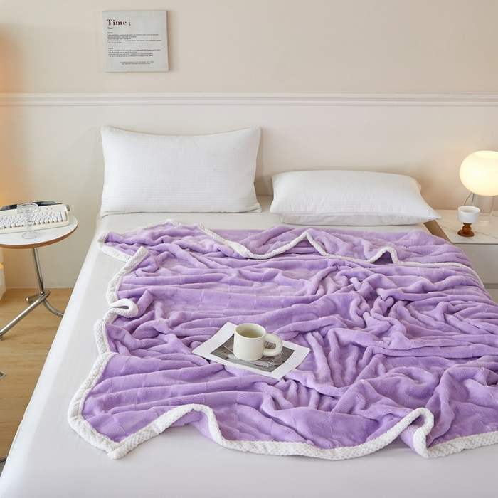 91家纺网 家纺一手货源 找家纺 可思家纺 2024新款纯色仿兔绒泡泡绒毛毯家用四级毯午睡毯 竹兰清羽香芋紫