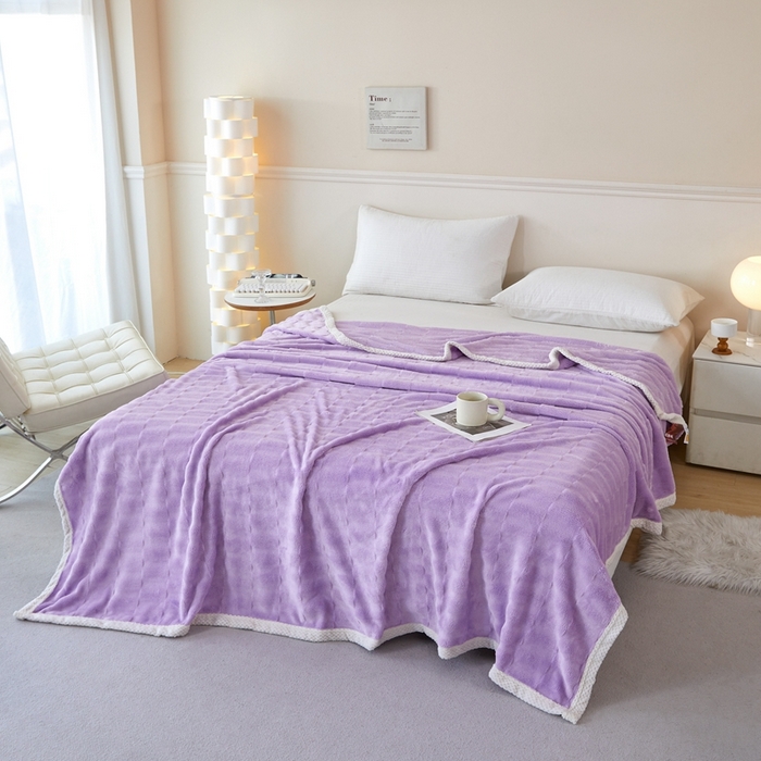 91家纺网 家纺一手货源 找家纺 可思家纺 2024新款纯色仿兔绒泡泡绒毛毯家用四级毯午睡毯 竹兰清羽香芋紫