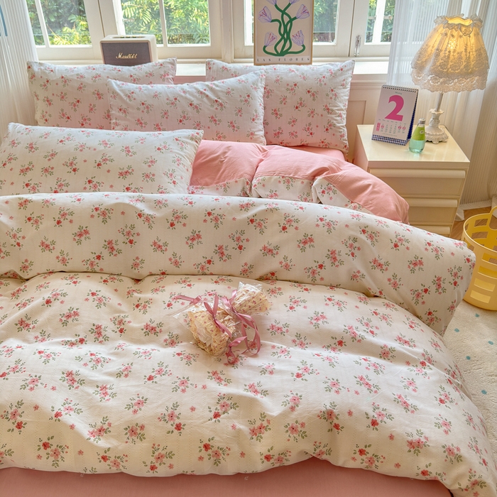 91家纺网 家纺一手货源 找家纺 清雅福 2024新款全棉13070印花单品系列-四件套 四季飘香粉