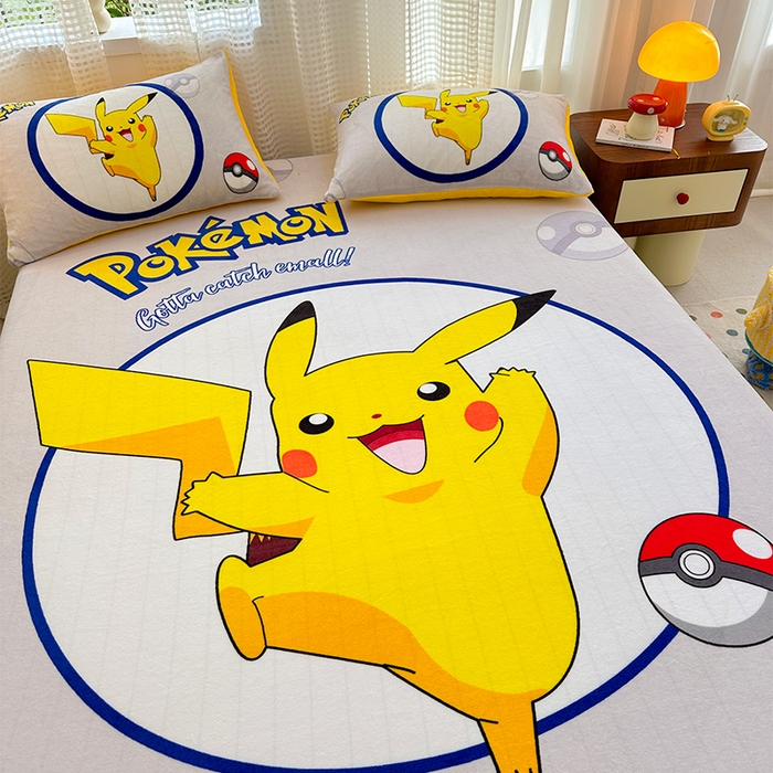 91家纺网 家纺一手货源 找家纺 ds生活馆 2026新款大版数码印花牛奶绒单床笠 宝可梦