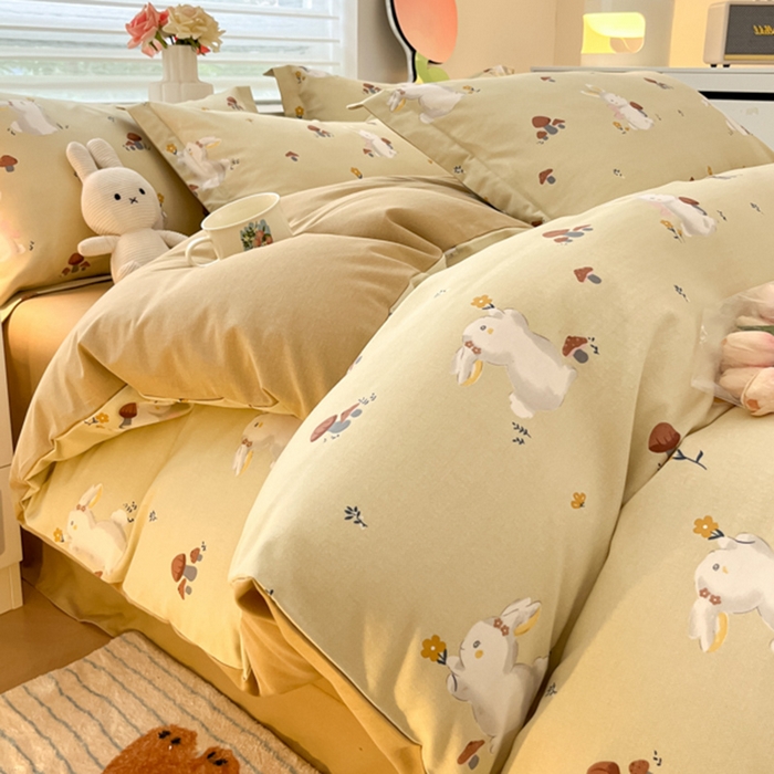 91家纺网 家纺一手货源 找家纺 慕尚家纺 2025新款原棉磨毛四件套单被套系列-单被套 蘑菇小兔