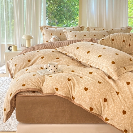 赫梵茜 2024新款高克重安抚豆豆被套加厚牛奶绒床盖加厚牛奶绒夹棉床笠四件套 黄色爱心