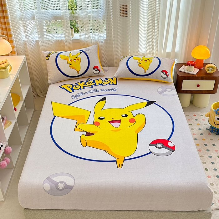 91家纺网 家纺一手货源 找家纺 ds生活馆 2026新款大版数码印花牛奶绒单床笠 宝可梦