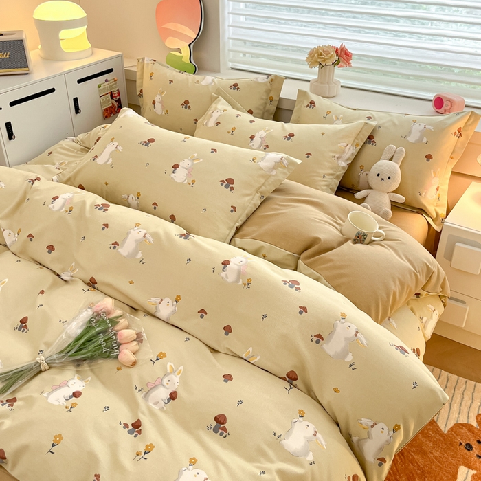 91家纺网 家纺一手货源 找家纺 慕尚家纺 2025新款原棉磨毛四件套单被套系列-单被套 蘑菇小兔