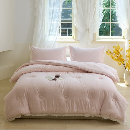 久典家居 2024新款A类全棉色织水洗棉花边款大豆被 糖果粉