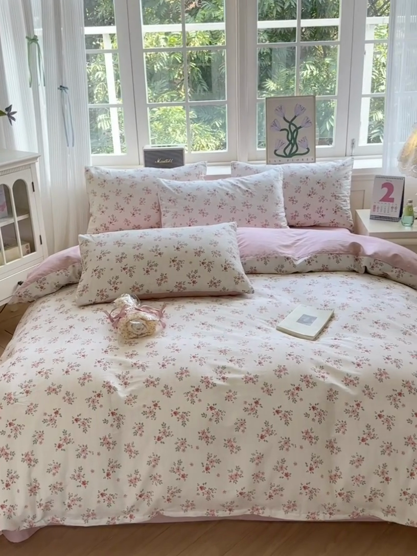 91家纺网 家纺一手货源 找家纺 清雅福 2024新款全棉13070印花单品系列-四件套 四季飘香粉