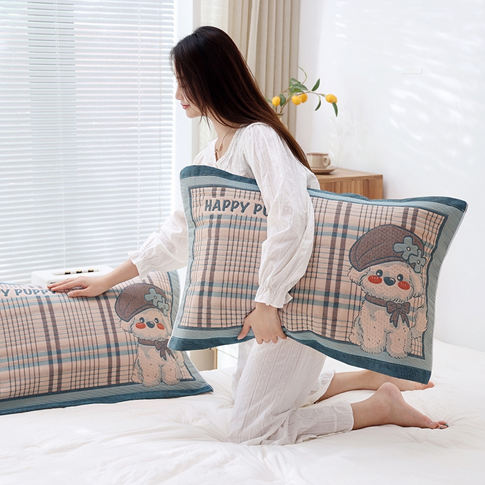 91家纺网 家纺一手货源 找家纺 朴尔家纺-毛巾被 2024年新款卡通定位纯棉四层纱布枕巾 优雅汪-蓝