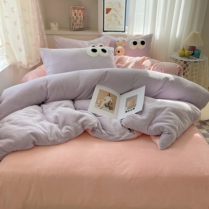 桃子家居 2024新款A类ins加厚毛巾绣大眼萌混搭撞色牛奶绒系列四件套 绒毛巾绣-大眼萌葡萄奶缇