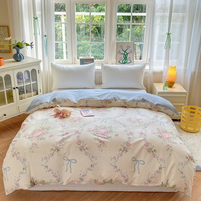 91家纺网 家纺一手货源 找家纺 清雅福 2024新款全棉13070印花单品系列-四件套 花蔓蓝