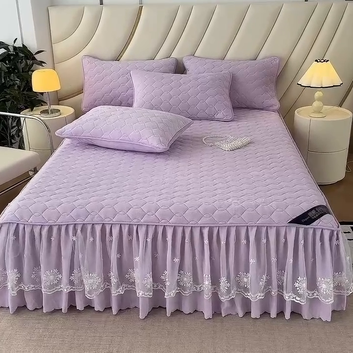 91家纺网 家纺一手货源 找家纺 品乐家纺 2024新款简约牛奶绒夹棉保暖床裙 浅紫