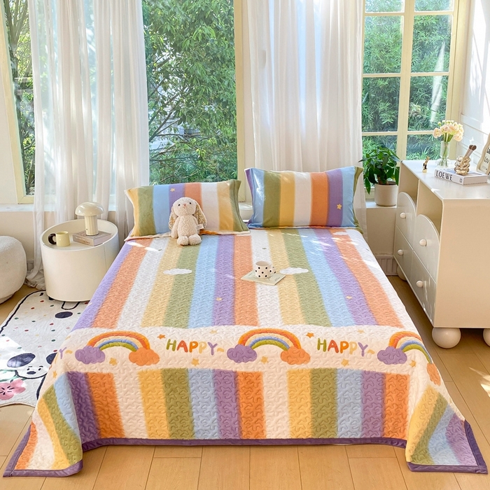 91家纺网 家纺一手货源 找家纺 赫梵茜 2024新款高克重安抚豆豆被套牛奶绒夹棉床盖四件套 彩虹