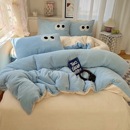 桃子家居 2024新款A类ins加厚毛巾绣大眼萌混搭撞色牛奶绒系列四件套 绒毛巾绣-大眼萌海盐芝士