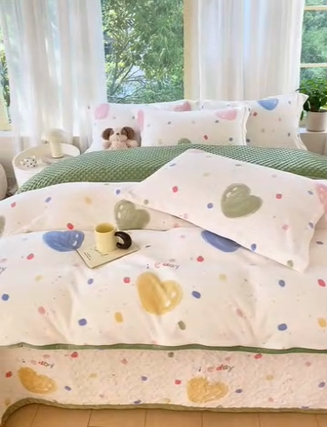 91家纺网 家纺一手货源 找家纺 赫梵茜 2024新款高克重安抚豆豆被套牛奶绒夹棉床盖四件套 七彩爱心
