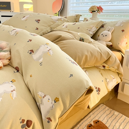慕尚家纺 2025新款原棉磨毛四件套单被套系列-四件套 蘑菇小兔