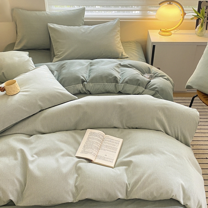 91家纺网 家纺一手货源 找家纺 慕尚家纺 2025新款原棉磨毛四件套单被套系列-四件套 细条暮山灰蓝