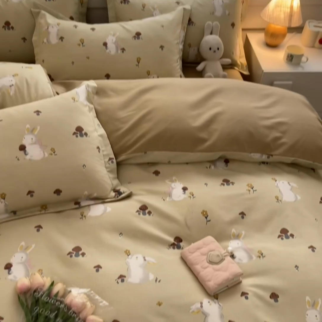 91家纺网 家纺一手货源 找家纺 慕尚家纺 2025新款原棉磨毛四件套单被套系列-单被套 蘑菇小兔