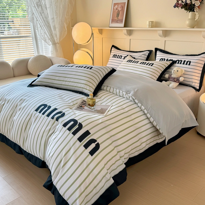 91家纺网 家纺一手货源 找家纺 花沐家居 2024新款亲肤云朵棉四件套加厚印花高克重磨毛四件套直播爆款 条纹绿